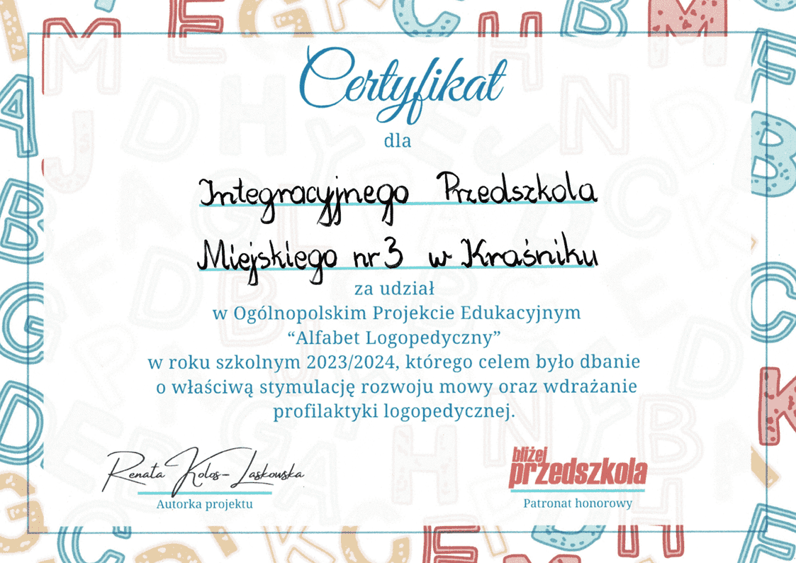 Ogólnopolski Projekt Edukacyjny „Alfabet Logopedyczny” - certyfikat